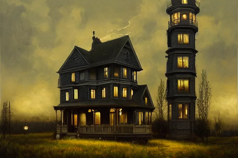 Prompt: a beautiful hyperrealistic painting of a victorian house with a tower at night, very detailed by andrea kowch and samuel and joseph newsom