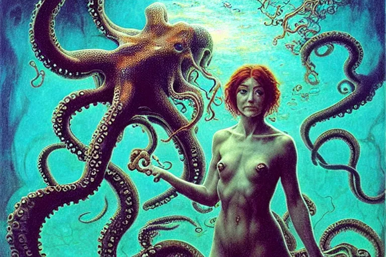 Prompt: cute young alyson hannigan with short hairs in lovecraftian underwater realm fights with octopus by jean delville by luis royo and wayne barlowe, beksinski