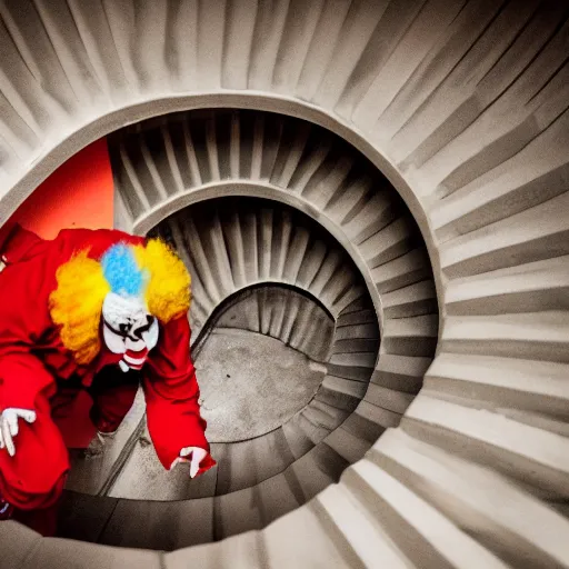 Prompt: a man pushing a clown down a spiral staircase