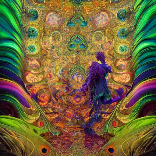 Prompt: A reality bending psychedelic ayahuasca experience, colorful, distorted, surreal, peacock feathers, dramatic lighting, intricate, elegant, highly detailed, digital painting, concept art, smooth, sharp focus, illustration, art by Krenz Cushart and Wayne Barlowe and alphonse mucha