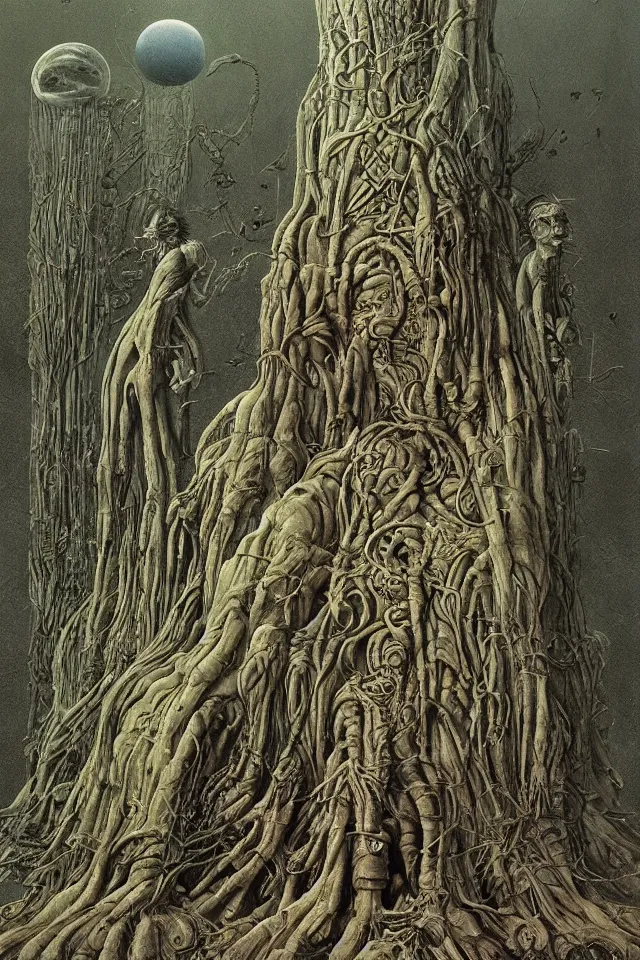 Image similar to an incredible illustration morning on a beautiful alien planet with strange trees and flowers, by hr giger, richard corben, zdzisław beksinski, moebius, hieronymus bosch and francis bacon, trending on artstation, highly detailed