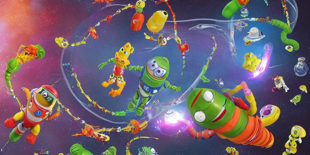 Image similar to a 3 d rendered movie still a gummi worm descendant 1 million years from now. gummi worm wears a spacesuit, and explores cosmos in a super awesome space ship. science fiction blockbuster movie gummi worms rule the world or my stepmom is a gummi worm from space, dramatic lighting, imax 7 0 mm. buzz lightyear
