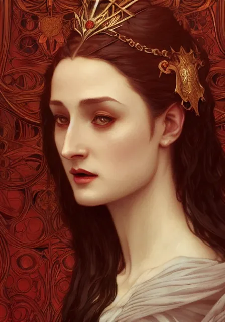 Image similar to sansa vampire, intricate, elegant, highly detailed, digital painting, artstation, concept art, smooth, sharp focus, illustration, art by artgerm and greg rutkowski and alphonse mucha and william - adolphe bouguereau