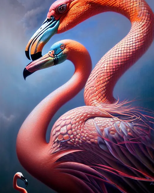 Image similar to a detailed portrait of dreampunk flamingo python hybrid mix by tomasz alen kopera and peter mohrbacher