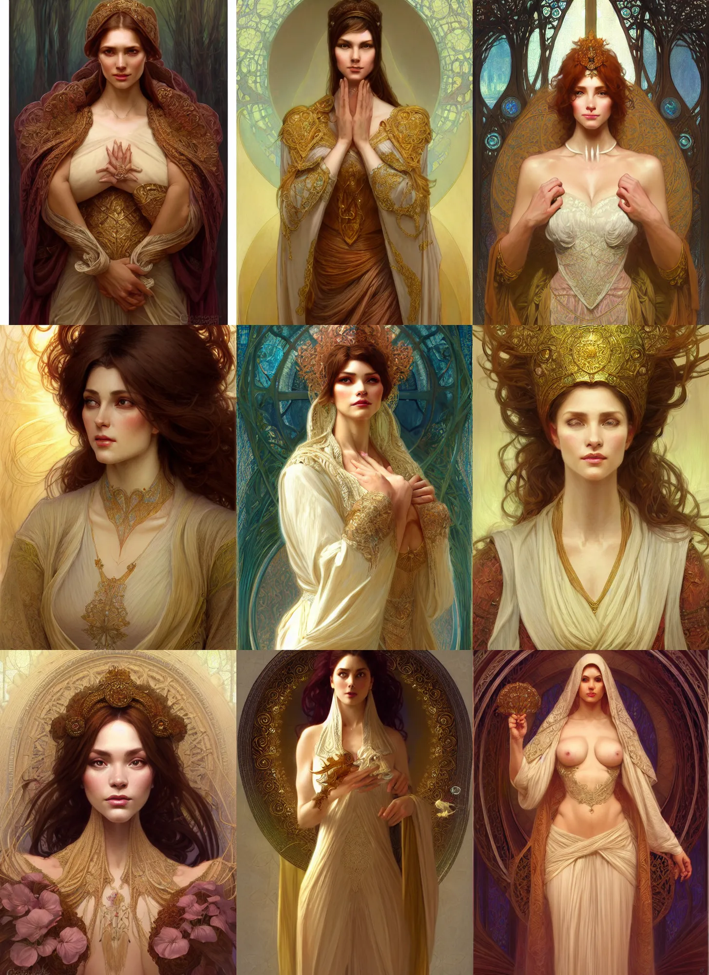 Prompt: character concept portrait of me as modest wife blessed by god to grow ever more intelligent beautiful voluminous muscular tall healthy and virtuous. modestly clothed, intricate, elegant, highly detailed, digital painting, artstation, concept art, symmetry, smooth, sharp focus, illustration, art by gaston bussiere and alphone mucha