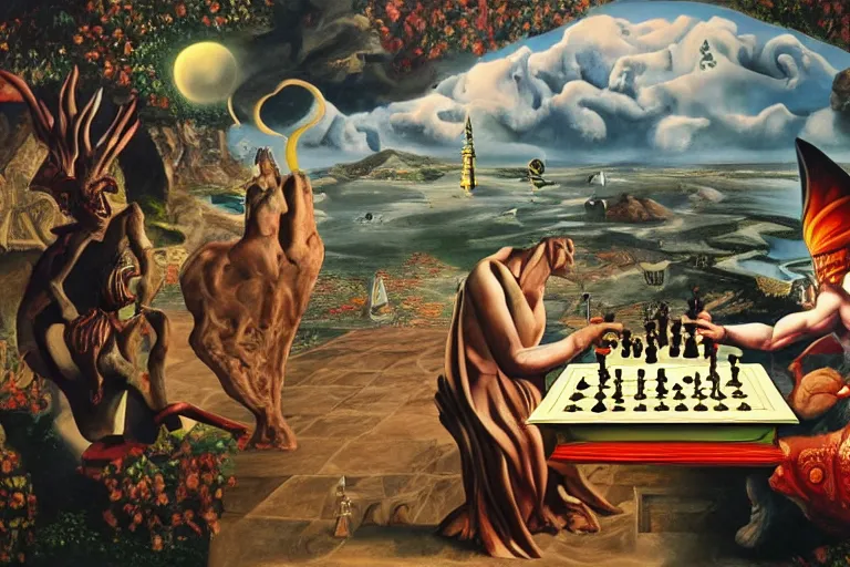 Prompt: A very detailed surreal fantasy painting of God playing chess against Satan by Manjit Bawa and Salvador Dali, trending on artstation, 4k, widescreen.