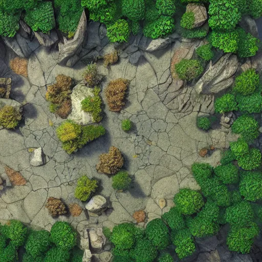 Image similar to a topdown battlemap from 9 0 degrees angle of a forest, dnd encounter, river, rocks, dawn, extremely detailed, no people, photorealistic, octane render, 8 k, unreal engine 5. art by artgerm and greg rutkowski and alphonse mucha