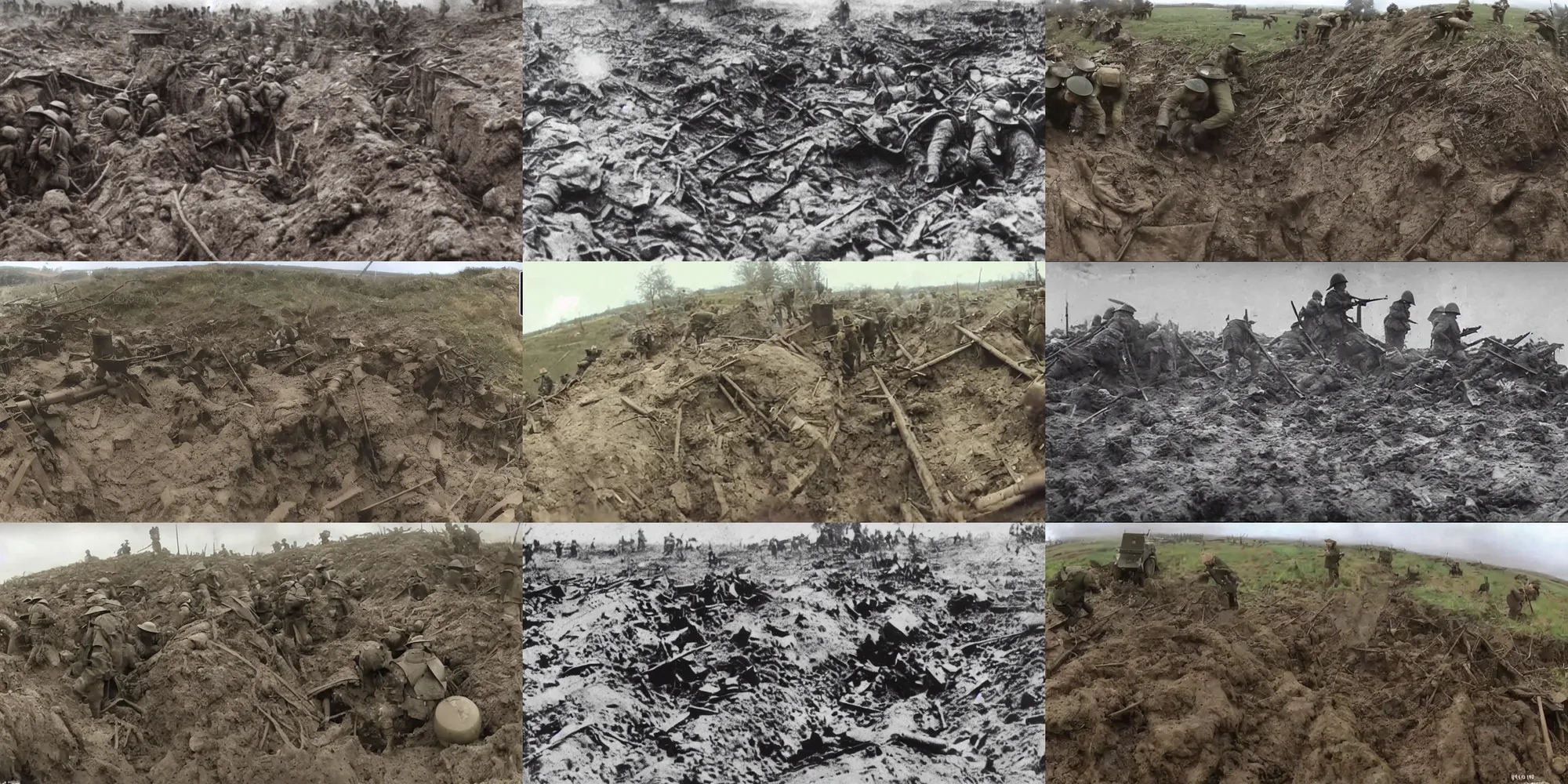 Prompt: gopro footage of ww 1 trench warfare, artillery explosion, rain and mud