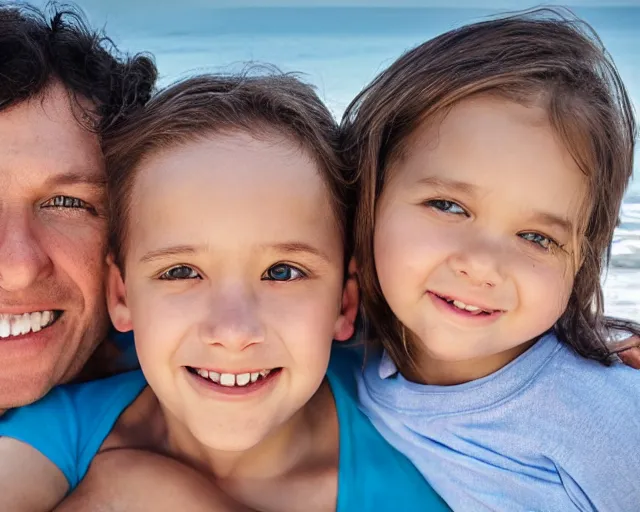 Image similar to portrait of a happy family at the beach, outdoor lighting, photo by annie leibovitz, realistic, smooth face, perfect eyes, wide angle, sharp focus
