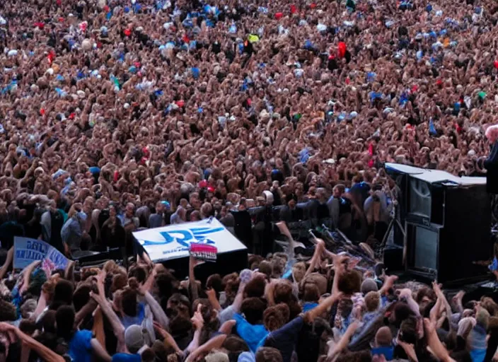 Image similar to publicity photo still of bernie sanders crowd surfing live on stage, 8 k, live concert lighting, mid shot