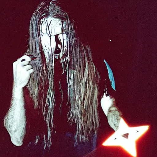 Image similar to a nu-metal musician using a pentagram to conjure a demon. Horror film production photo from the 2000’s.