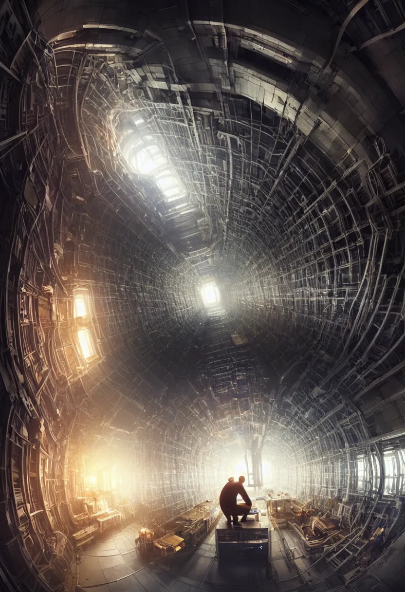 Prompt: man trapped inside cern large hadron collider, pulled apart, ultra high definition, ultra detailed, matte painting, by greg rutkowski and ross tran and wlop
