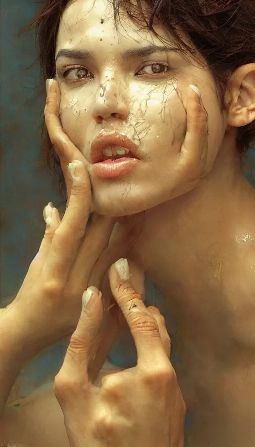 Image similar to epic masterpiece torment, drama, sweaty skin, hyperrealistic, octane render, cinematic, beautiful face and flawless skin, perfect hands, 5 fingers, yellow by Edgar Maxence and Ross Tran and Michael Whelan, Legends of Runeterra