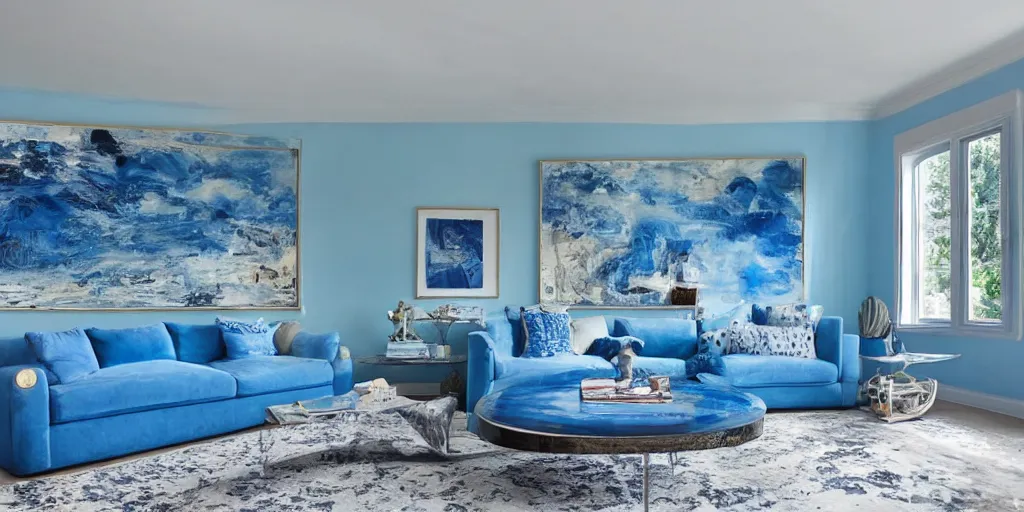 Image similar to ultra wide photo the ultimate essence of blue, a residential interior that's completely a solid bright blue on every surface and every item, blue personified, thick overflowing paint and poofy blue couches, really really really blue. a large photograph on the wall is a picture of blue ocean waves. blue, blue, more blue, photorealistic, hyperreal