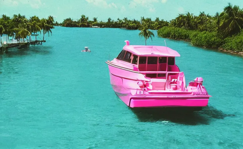 Prompt: photorealistic picture of a pink scarab 3 8 kv boat driving in turquoise water. miami. 8 0's style
