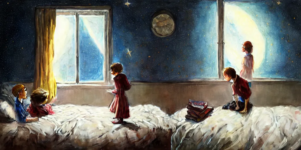 Image similar to one 5 year old boy and one 1 2 year old girl dreaming in their room with a wall and viewing the universe full of galaxies, imagination, part by norman rockwell, part by greg rutkowski, part by mattias adolfsson, high angle, ( ( ( ( volumetric lighting ) ) ) ), oil on canvas