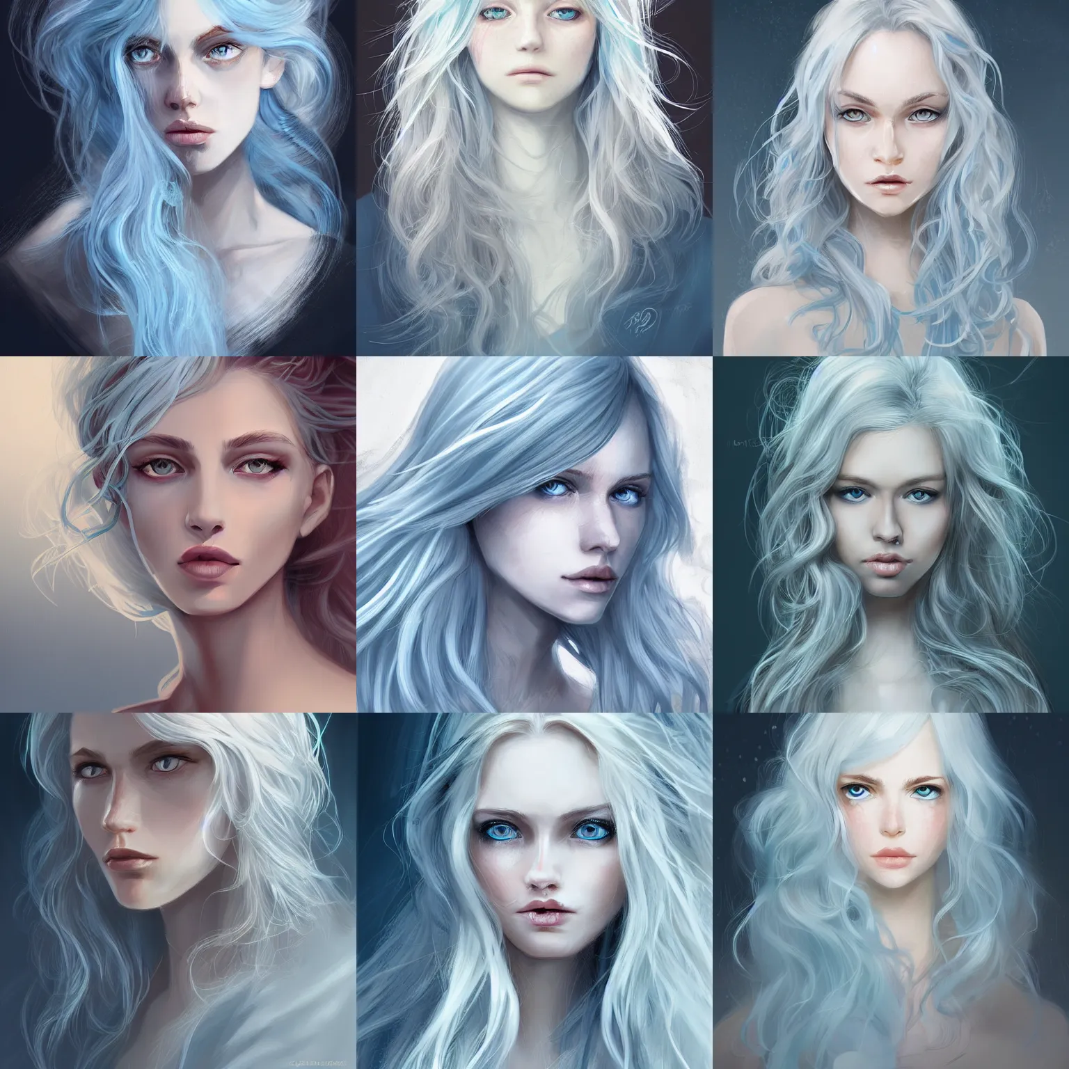 Prompt: woman, messy wavy white hair, light blue eyes, portrait, character art, matte, intricate, elegant, highly detailed, digital painting, smooth illustration, concept art,