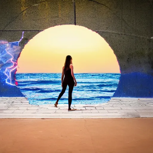 Image similar to a woman facing a blue energy portal on the street, which shows a beach at sunset