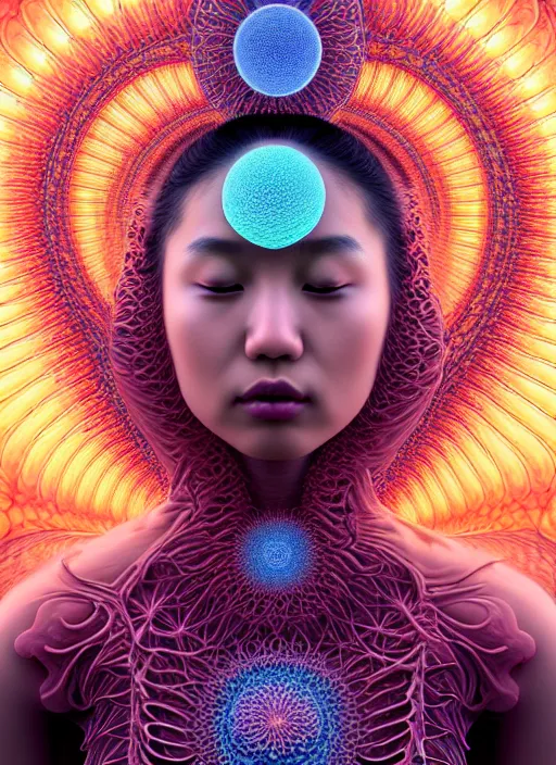 Image similar to ridiculously beautiful young asian woman tripping by irakli nadar, 3 d layers of coral and light fractals radiating behind with sacred geometry, cosmic, natural, awakening, symmetrical, in the style of ernst haeckel and alex grey, effervescent, warm, photo realistic, epic and cinematic