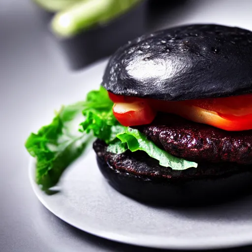 Image similar to black hamburger, photo, detailed, 4k