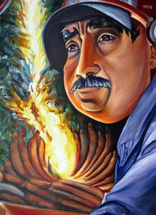 Image similar to a beautiful painting of an engineer working for an aluminium smelter, realistic face, ayahuasca