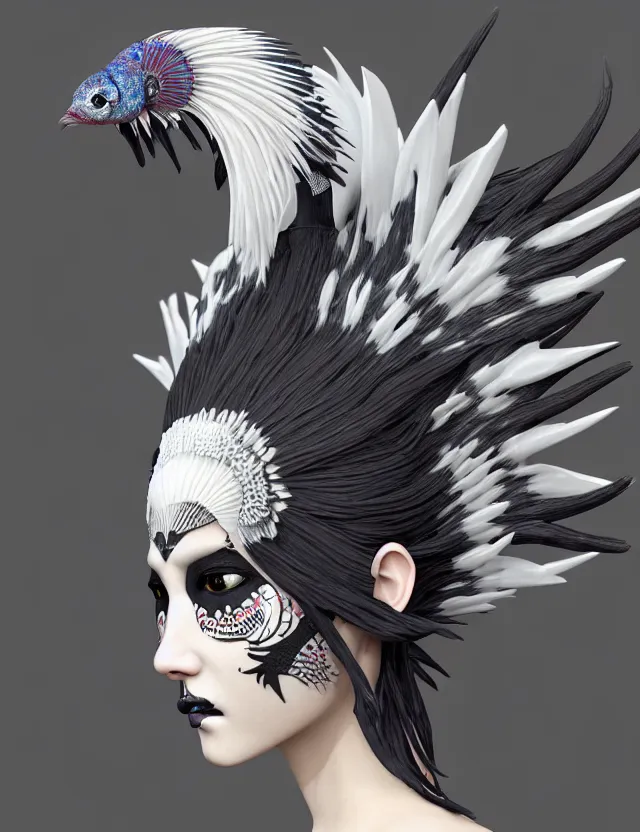 Image similar to 3 d goddess close - up profile simple portrait punk with mohawk with goat skull. beautiful intricately detailed japanese crow kitsune mask and clasical japanese kimono. betta fish, jellyfish phoenix, bio luminescent, plasma, ice, water, wind, creature, artwork by tooth wu and wlop and beeple and greg rutkowski