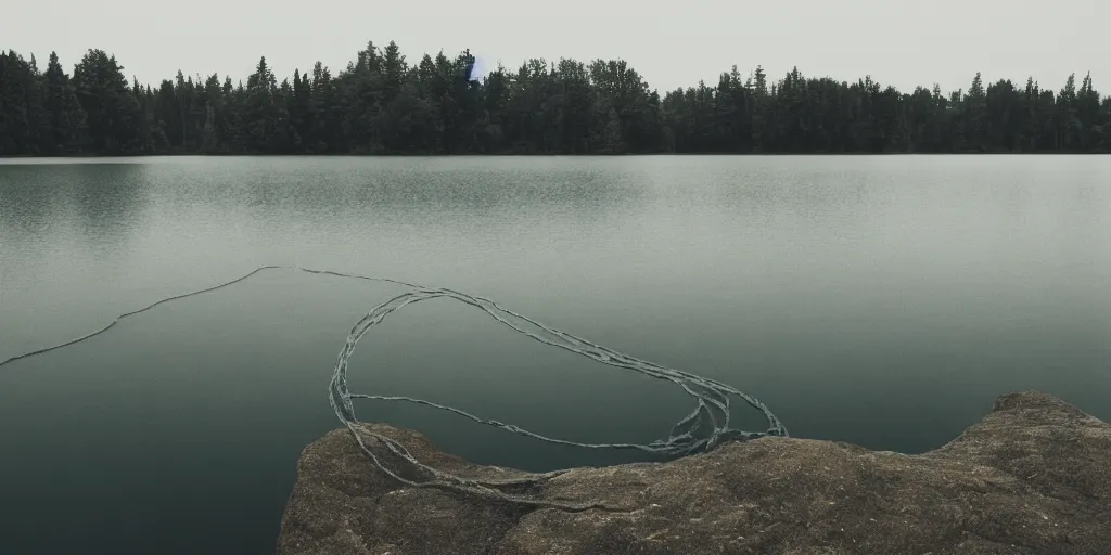 Image similar to symmetrical photograph of an infinitely long rope submerged on the surface of the water, the rope is snaking from the foreground towards the center of the lake, a dark lake on a cloudy day, trees in the background, moody, kodak colorf, anamorphic lens