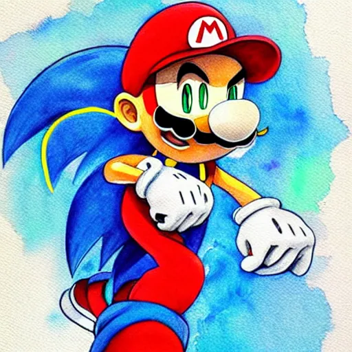 Image similar to Sonic in the style of Mario, with a mustache, beautiful watercolor art drawing, in the style of artist Simon Stalenhag s-90 - C 7