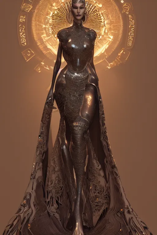 Image similar to a highly detailed 4 k render portrait of a beautiful tall alien goddess bella hadid in iris van herpen dress armor schiaparelli in diamonds and jewelry in style of alphonse mucha trending on artstation made in unreal engine 4