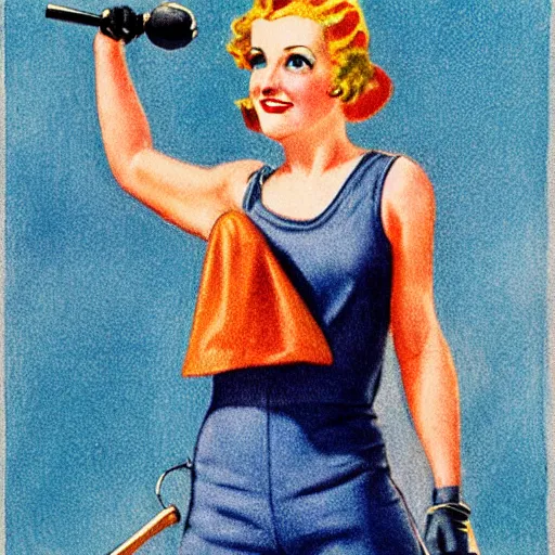 Prompt: a 1 9 2 0 s ultra - realistic color portrait. happy, healthy, beautiful, smiling, young, sporty, blonde, blue - eyed symmetric rosie the riveter in decent athletic wear. hyper - realistic detailed drawing