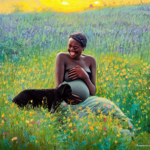 Image similar to a pregnant east african woman with her black puppy in a vast field of flowers, relaxing, wide shot, golden hour, vintage, impressionist painting, fine art, oil painting, dreamy, pastel, laughing, happy, intricate details, sharp, peaceful, serene