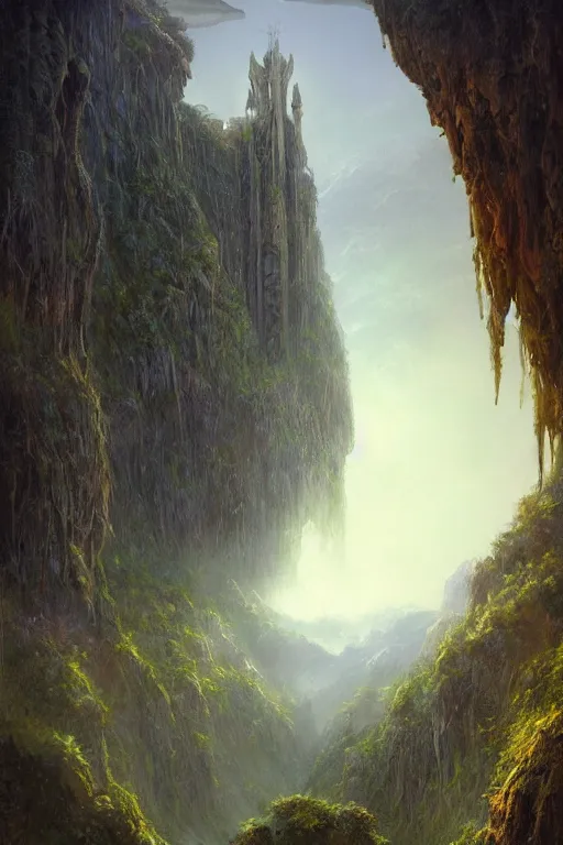 Image similar to amazing concept painting, by Jessica Rossier and HR giger and Beksinski, Rivendell, elvish and greek fortress overlooking a valley, terraces, hallucination, garden of eden