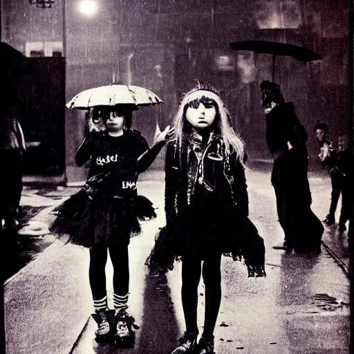 Image similar to night flash portrait photography of punk and goth kids on the lower east side by diane arbus, colorful, nighttime!, raining!