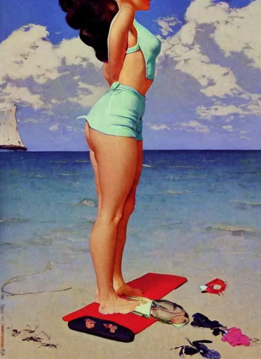 Prompt: a pin up poster of a girl doing yoga with a futuristic kimono in middle of the beach by norman rockwell and jack vettriano