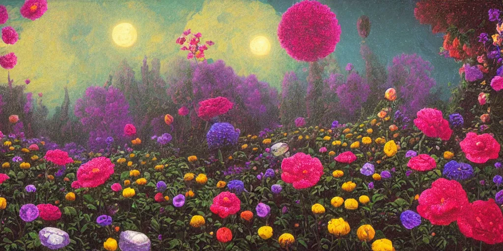 Image similar to a flowering garden on the moon, 👽🤖, impasto paint in the style of martin johnson heade and mark ryden,