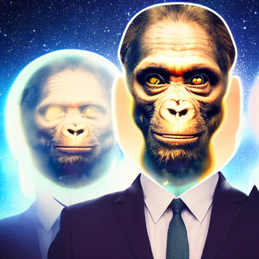 Image similar to double exposure portrait split in the middle, showcasing one astronaut and one chimpanzee in a suit posing with space in the background, pencil art, high definition, dynamic lighting stars, sharpness, golden ratio