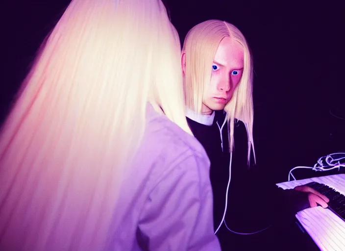 Image similar to waifish androgynous person with long blond hair on stage in front of a computer and alien instruments zeiss lens algorithm code masterpiece stage lighting photograph by wolfgang tillmans