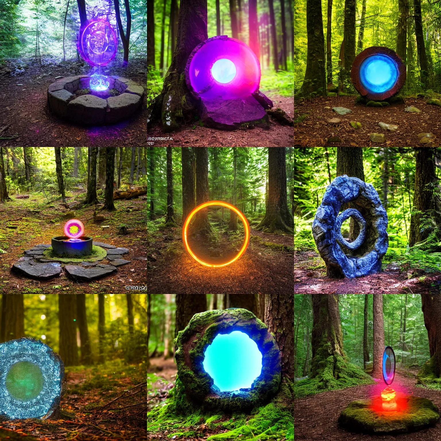Prompt: Glowing magic stone portal in the forest, taken with Sony a7R camera, heavy depth of field