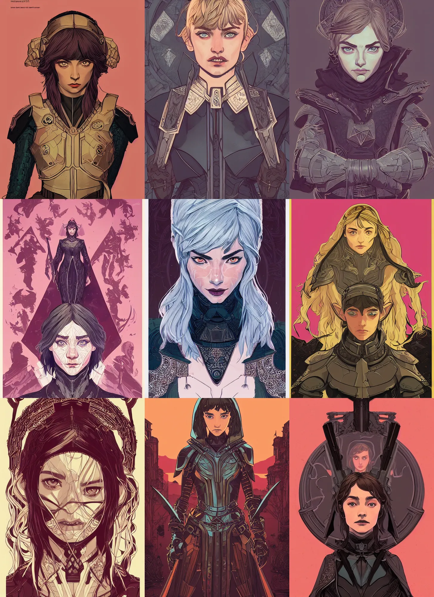 Prompt: front facing symmetrical centered portrait, Imogen Poots as a D&D Paladin, fantasy concept art by Tomer Hanuka, cgsociety, vanitas, ilya kuvshinov, Michael, 2d game art