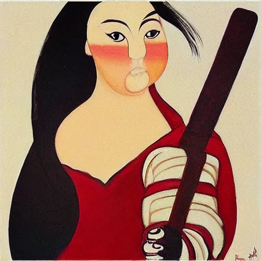 Image similar to “ she warrior with brunette long hair with a katana sword wearing red long boots painting with the style of botero ”