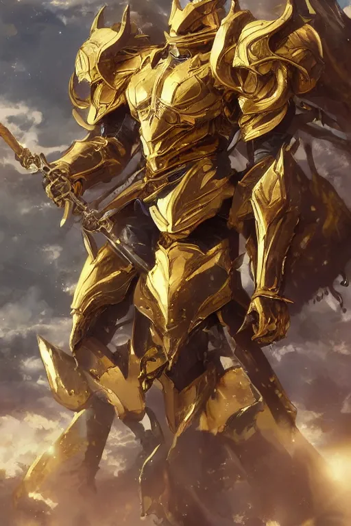 an anime showing the new golden armor zodiac Knight by, Stable Diffusion