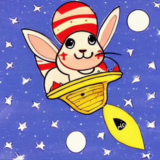 Image similar to kamikaze rabbit riding a rocket above earth in the style of merry melodies