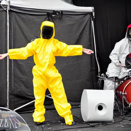 Prompt: hazmat suit rock concert, dslr 5 0 mm, photo