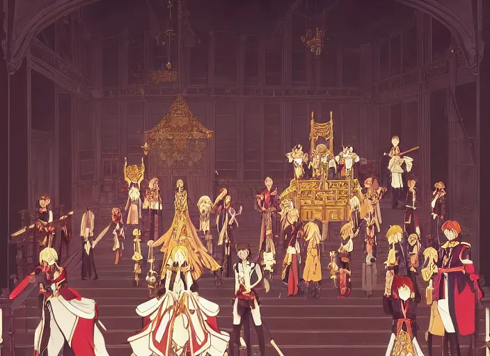 Image similar to key anime visual portrait of a castle's main hall interior with throne, servants, nobles, dynamic pose, dynamic perspective and angle, cinematic, film grain, designed by yoh yoshinari, detailed, intricate, at night, dramatic lighting, costumes by mika pikazo