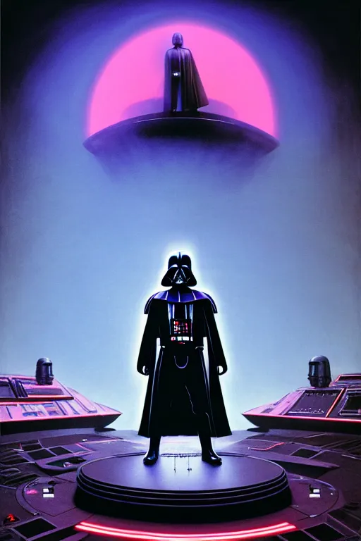 Prompt: darth vader dj standing on a giant science fiction turntable at a rave on the deathstar, syd mead, dynamic lighting, digital art, winning award masterpiece, fantastically beautiful, illustration, aesthetically inspired by beksinski and dan mumford, moebius, trending on artstation, art by greg rutkowski, 8 k