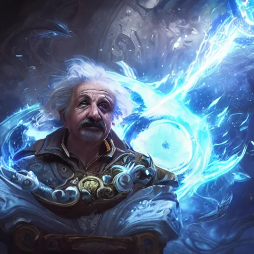 Image similar to portrait of albert einstein as a spellcaster, league of legends amazing splashscreen artwork, gears of war, splash art, natural light, elegant, photorealistic facial features, intricate, fantasy, detailed face, atmospheric lighting, anamorphic lens flare, cinematic lighting, league of legends splash art, hd wallpaper, ultra high details by greg rutkowski