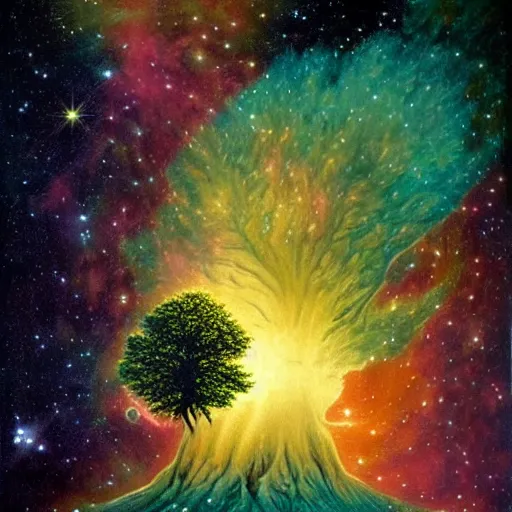 Image similar to a tree floating inside of a nebula, david a. hardy