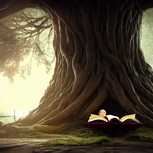 Prompt: a beautiful giant tree growing in the middle of an ancient vast Victorian library indoors. a child reading a book under a library tree. by dark souls concept art, ultra-realistic, 4K, featured on artstation