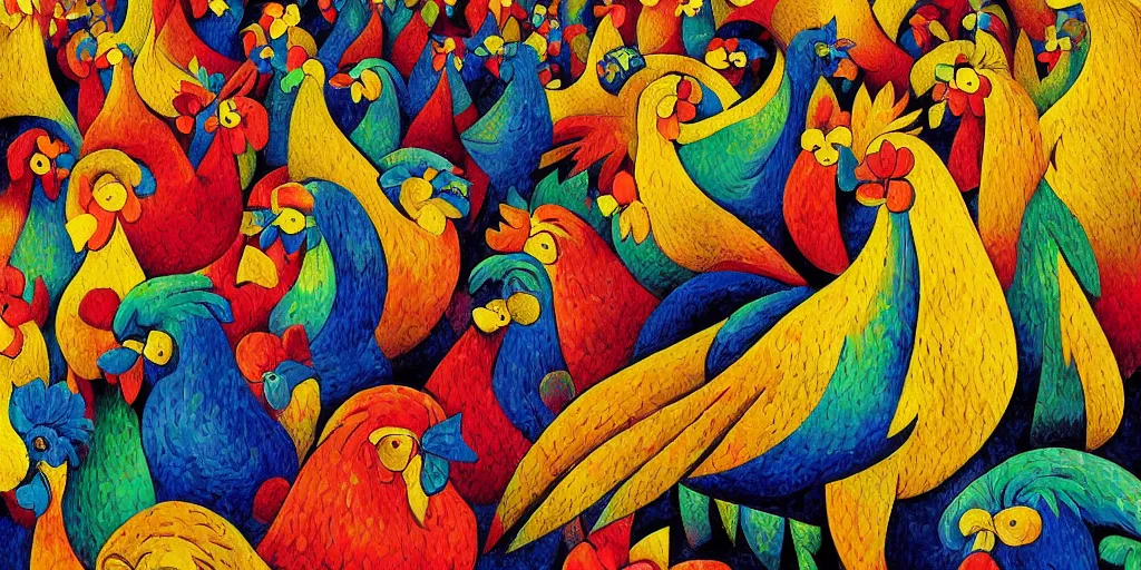 Prompt: colorful illustration of a million fighting roosters, cubism, pointillism, surreal, intricate, highly detailed, dark color scheme, golden ratio