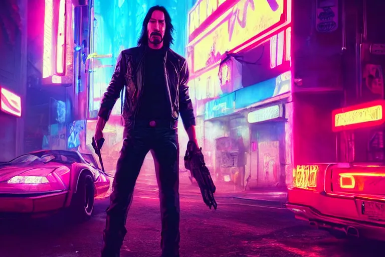 Image similar to Photo of Keanu Reeves on neon street in Cyberpunk 2077 Game, synthwave, artstation art, night, professional light